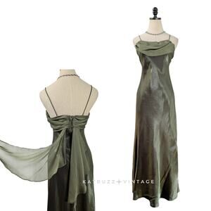 Vintage Betsy Adam Prom Dress Maxi Gown 8P Green 90s Y2K Ruffle Fairy Grunge Bow